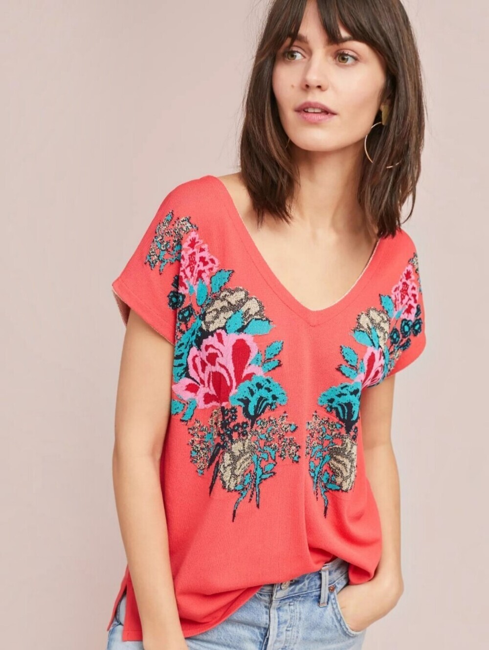 Aldo Martins Coral V-Neck Sweater with Floral Embroidery, M Colorful Artsy